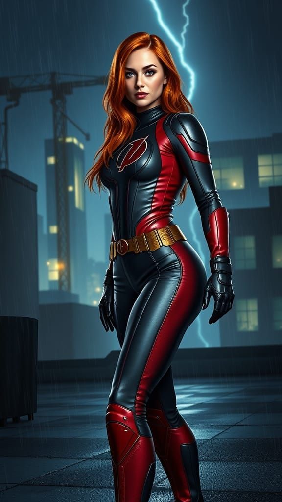 Red-Haired Daredevil Superhero on Rooftop at Night