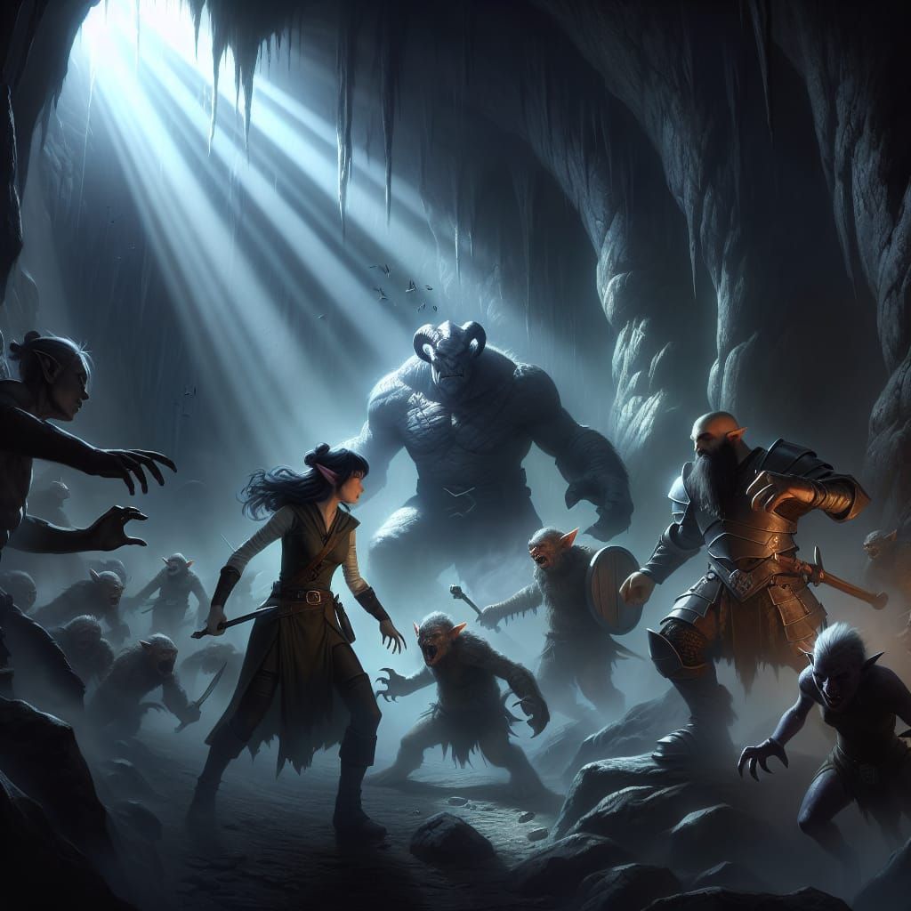 D&D Party Battles Goblins in Dimly Lit Cave