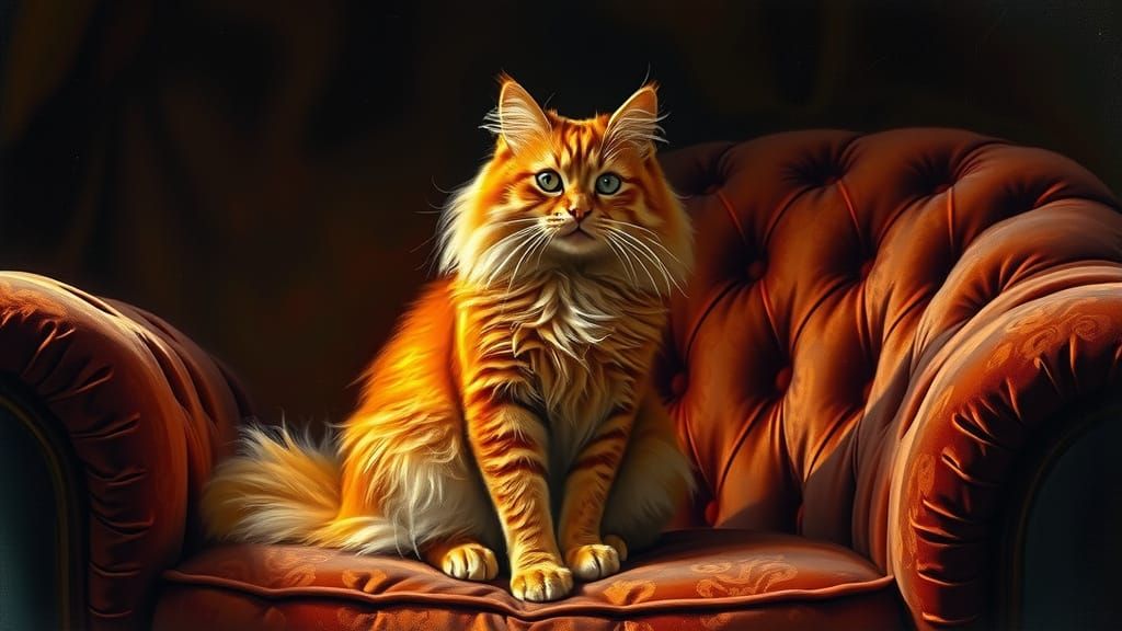 Fluffy Orange Cat on Ornate Sofa: Oil Painting Style