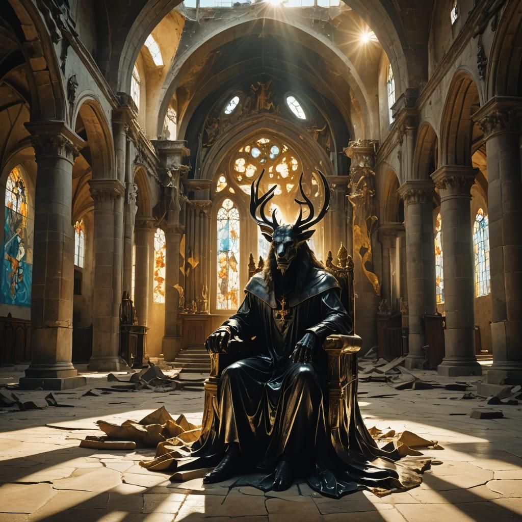 The Beast Contemplates in Abandoned Cathedral: Surrealism