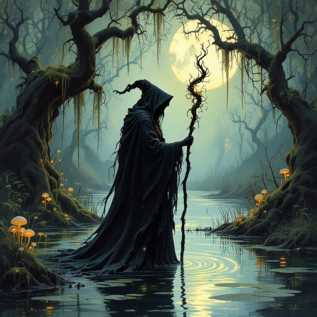 Eerie Witch in Swamp with Arcane Energy, Art Nouveau Style