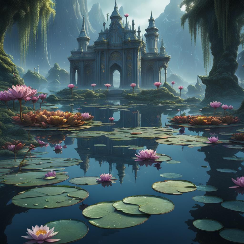 Detailed Water Lilies Matte Painting in Deep Color