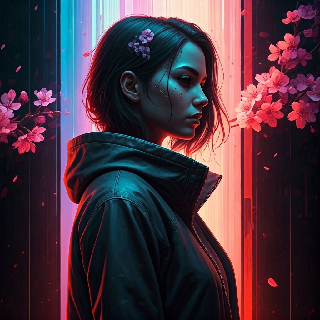 A woman in front of a painting of flowers