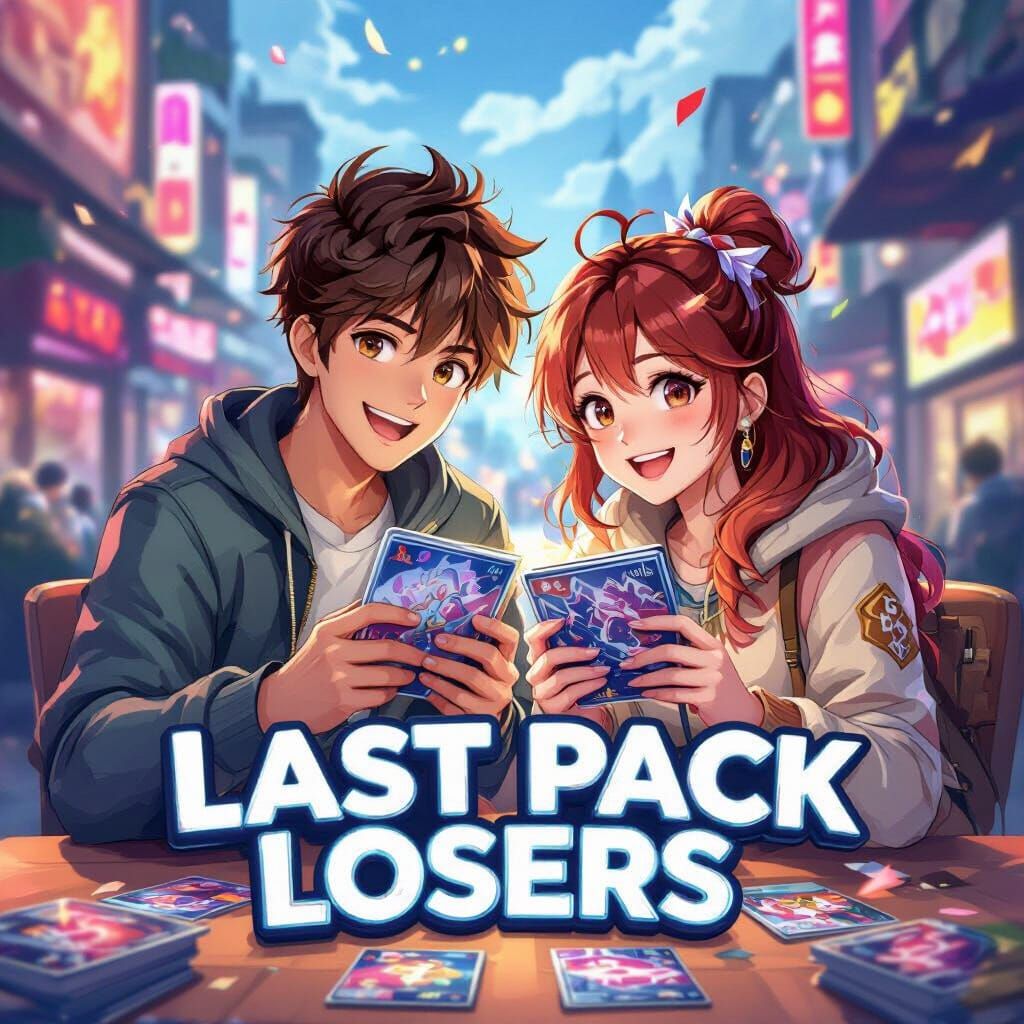 Couple Opening Trading Cards in Vibrant Anime Style