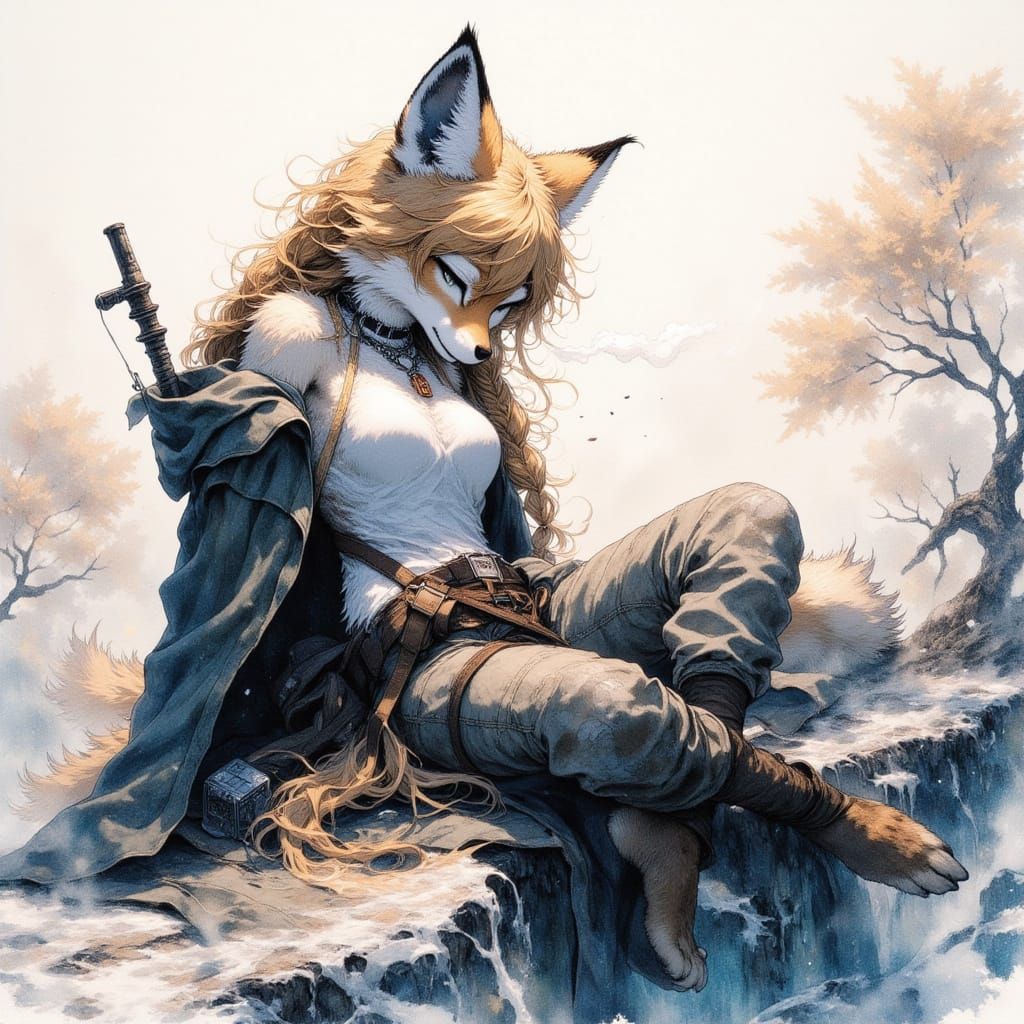 Anime Fox Soldier in Watercolour Abstract Art