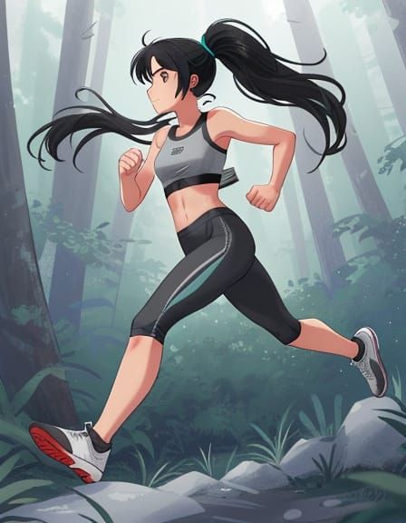 Native American Woman Running in Pine Forest