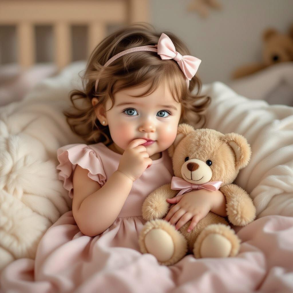Adorable Baby with Teddy Bear in Nursery Art