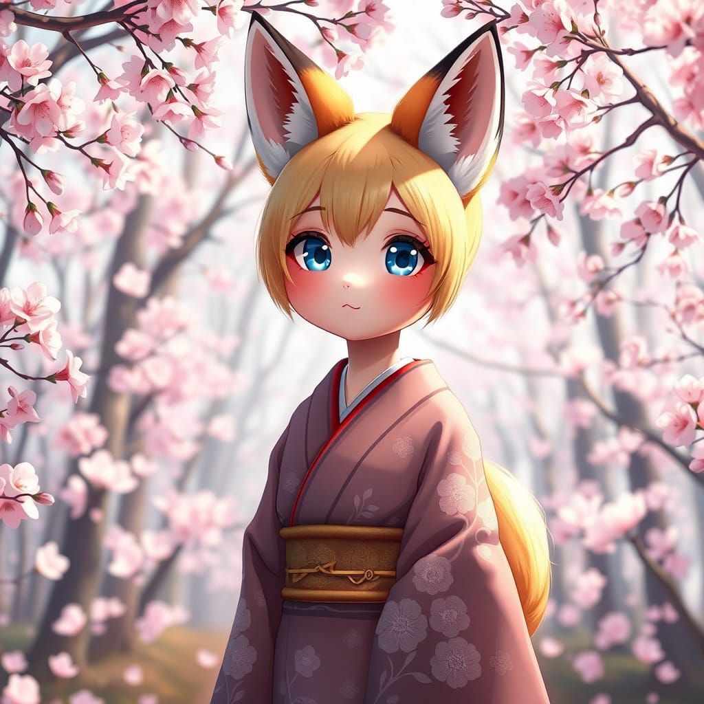 Anime Fox Girl in Cherry Blossom Forest