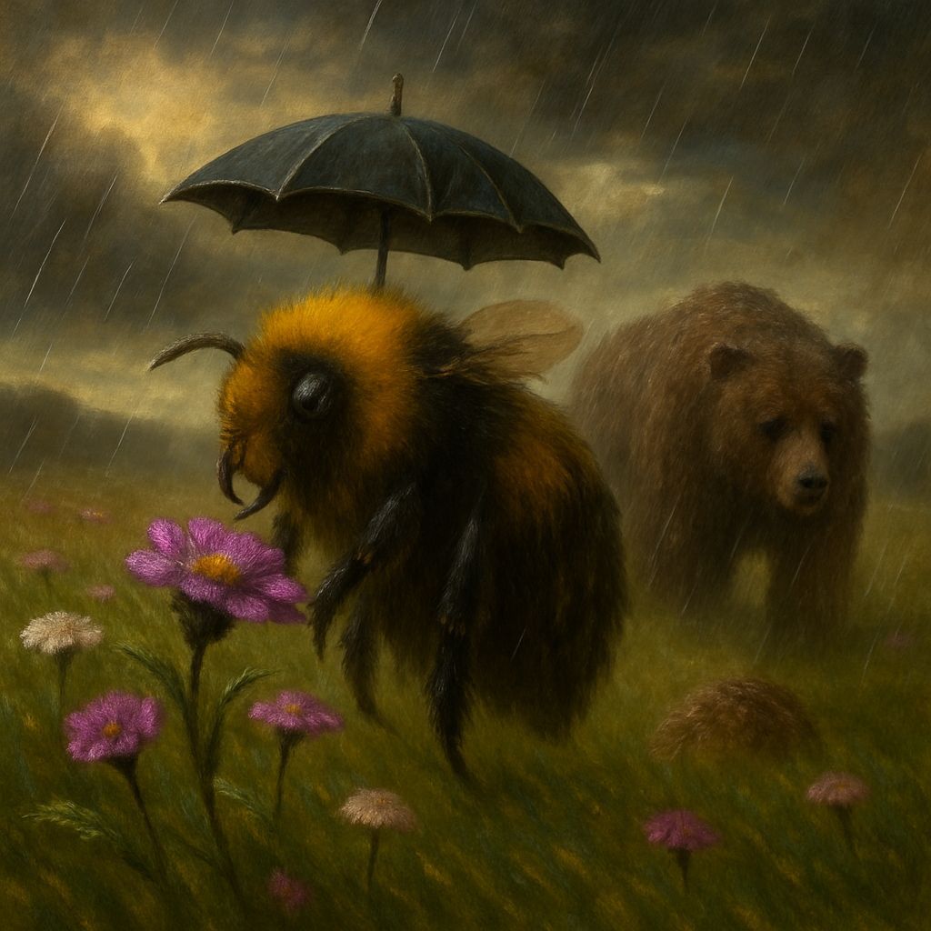 Bumblebee Leads Bear Through Rainy Field, Romantic Landscape