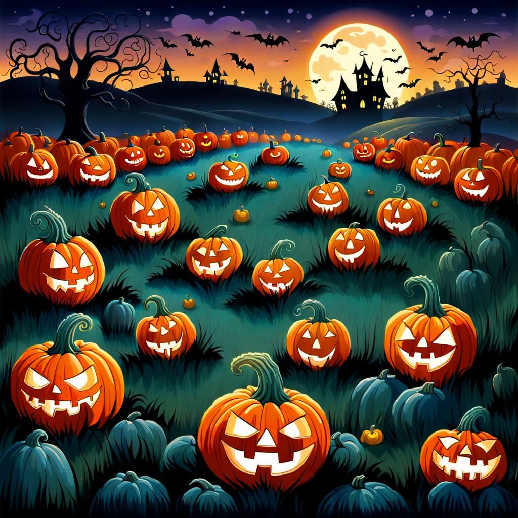 Enchanted Pumpkin Patch Halloween Scene at Twilight