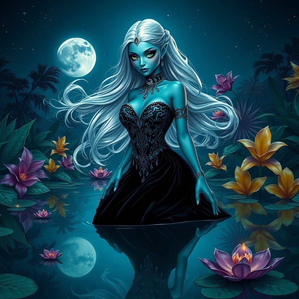 Ethereal Alien Siren Basks in Moonlit Splendor