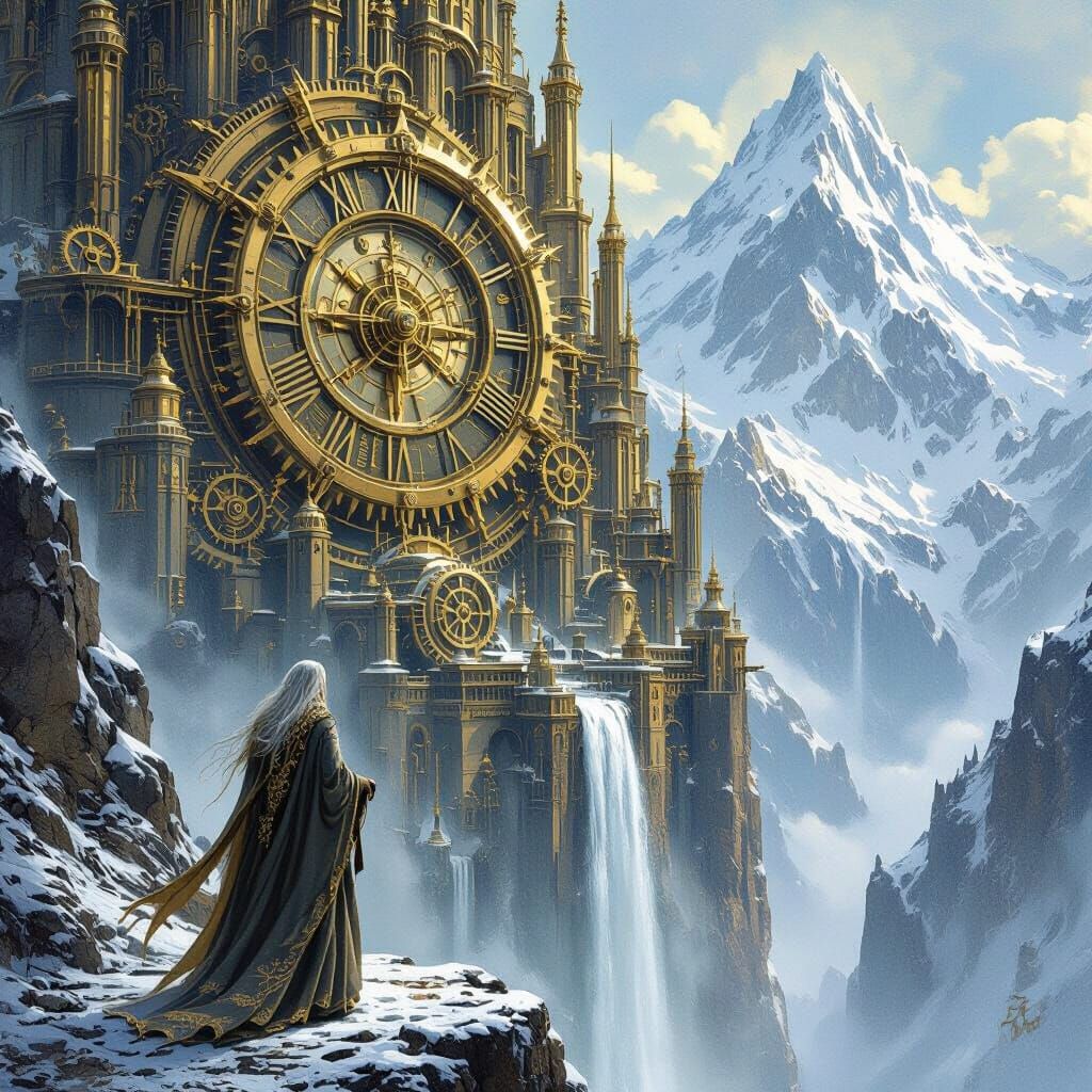 Ancient Elf Gazes Upon a Grand Clockwork City