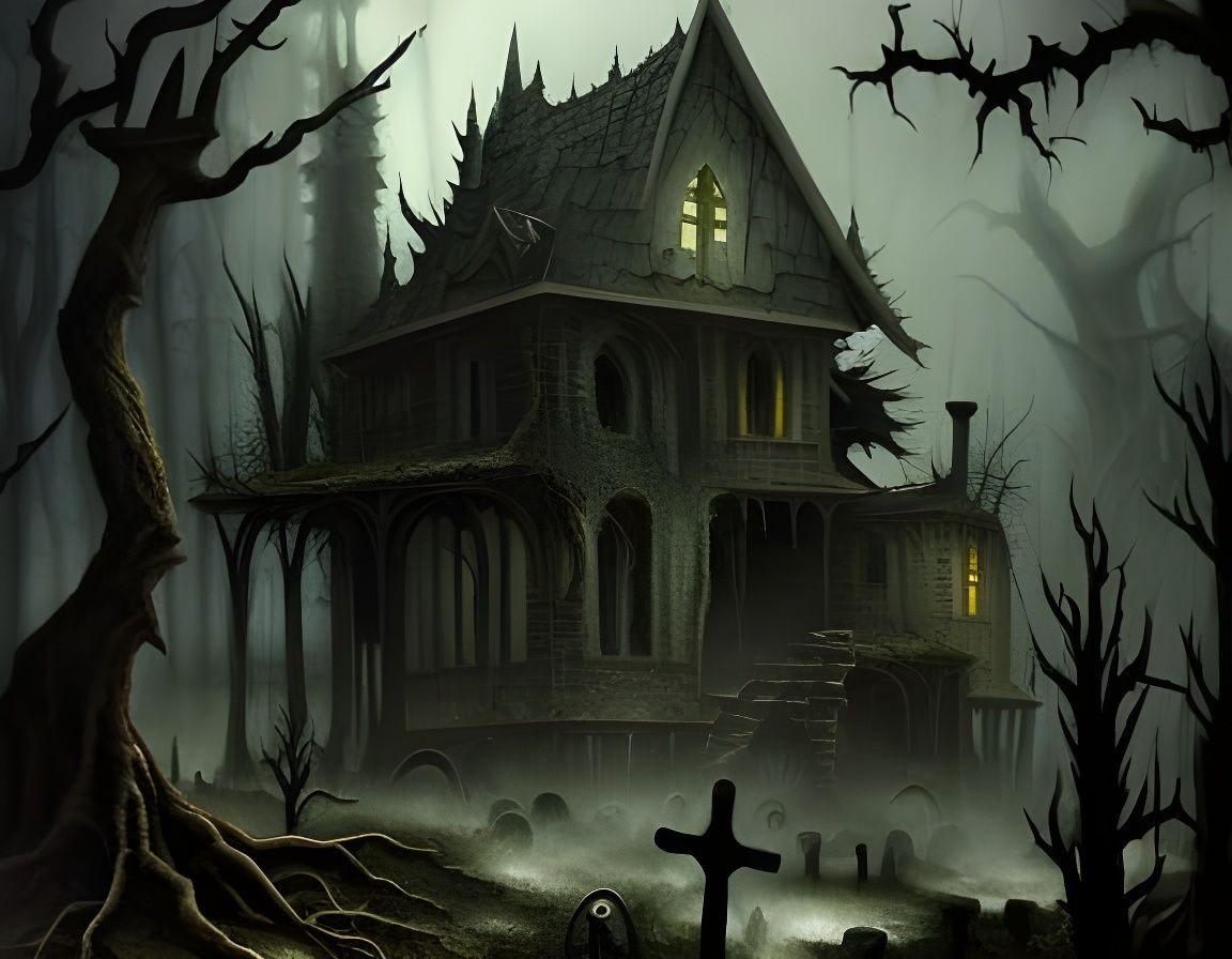 Sinister Witch Mansion in Dark Forest, Gothic Art