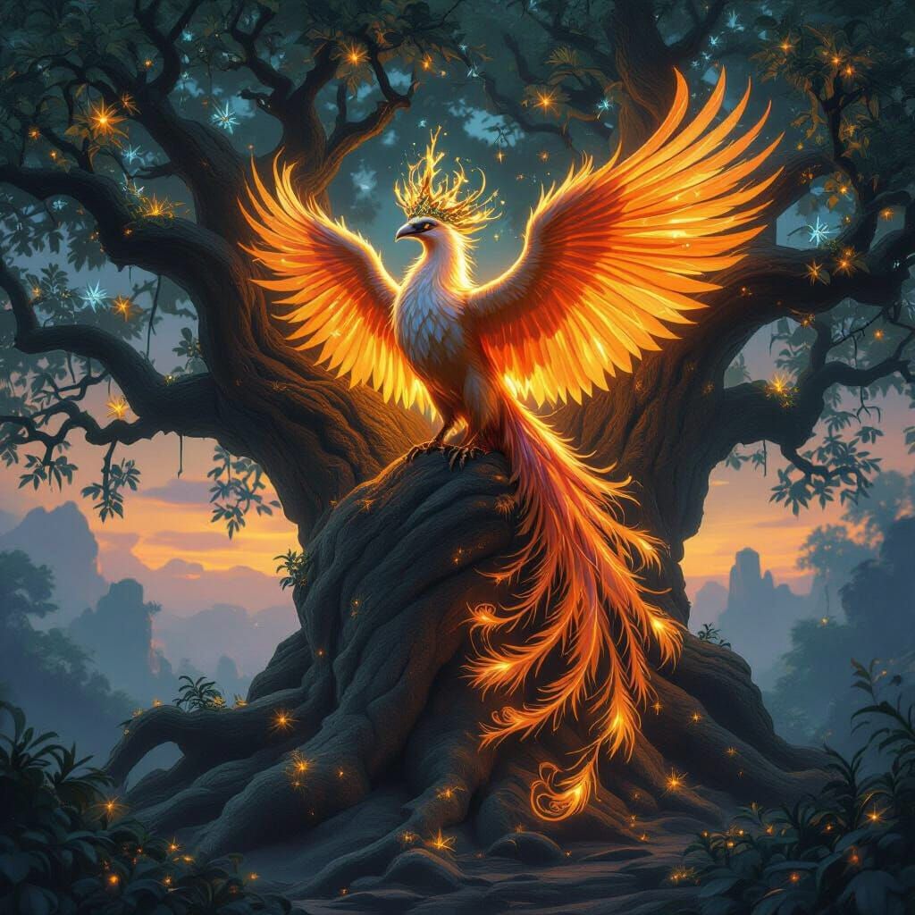 Regal Phoenix Crowned in Gold and Starlight