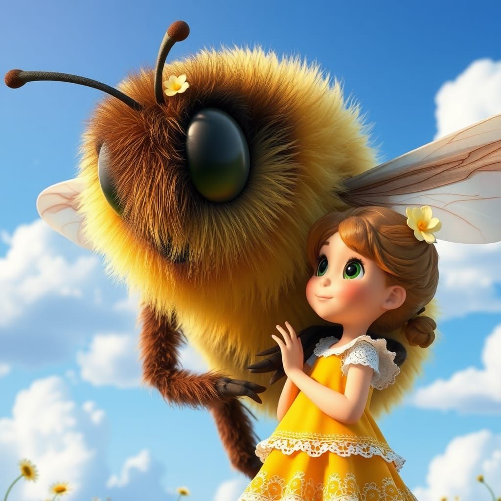 Giant Bee and Girl in Animated 3D Art Style