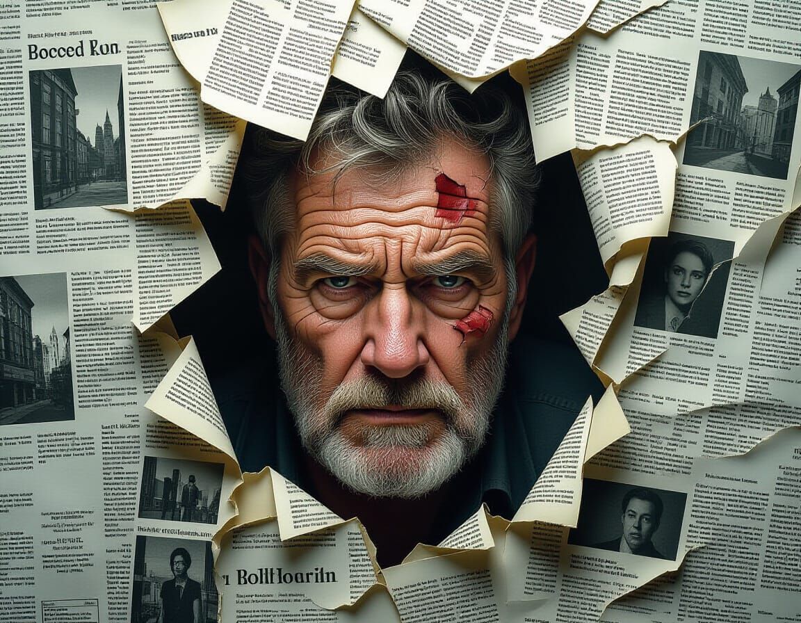 Man's Face Emerges from Newspaper Clippings