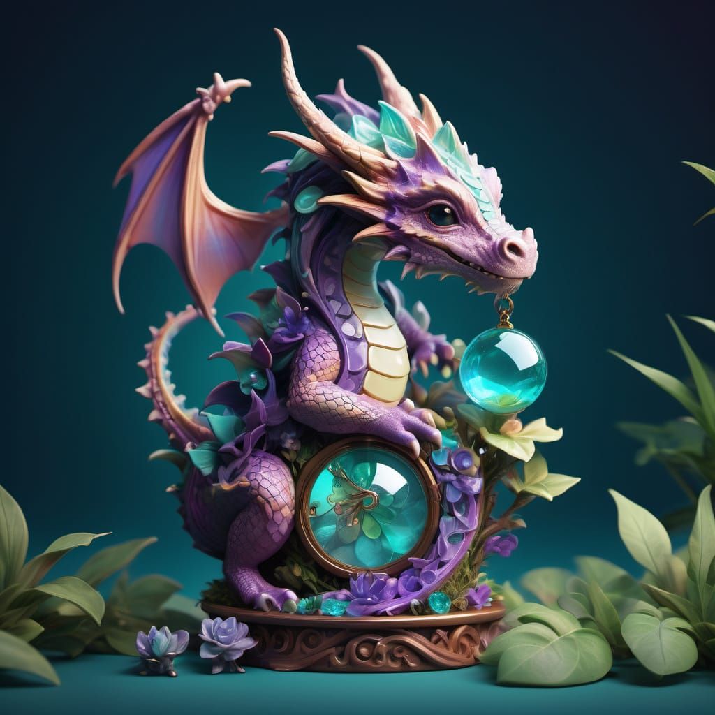 Whimsical Fantasy Scene of Baby Dragon and Fairy House