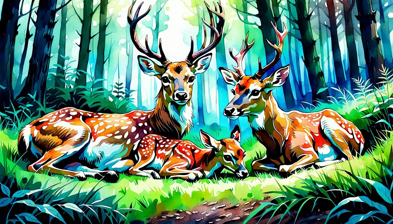 Watercolor Illustration: Fawn and Father in Forest