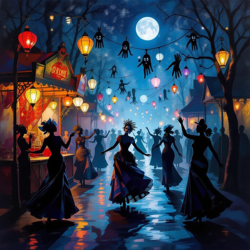 Mysterious Carnival of Dancing Shadows in Impasto Style