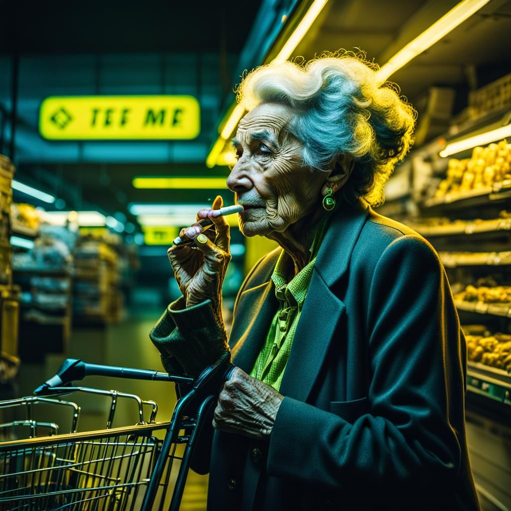 Neon Noir Portrait of Elderly Woman Smoking