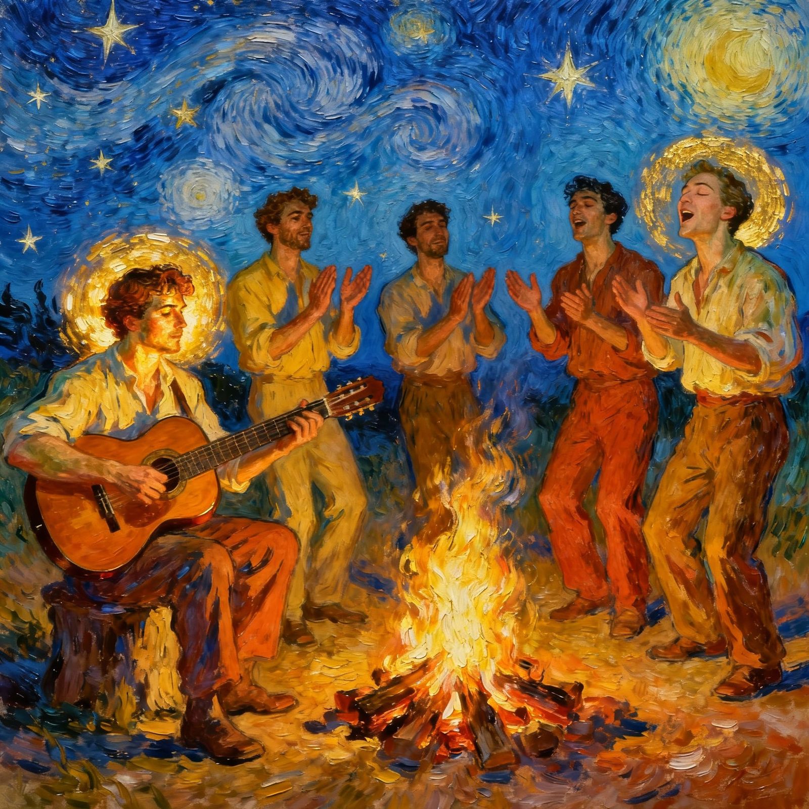 Friends Enjoying Bonfire With Guitar and Singing Under Stars