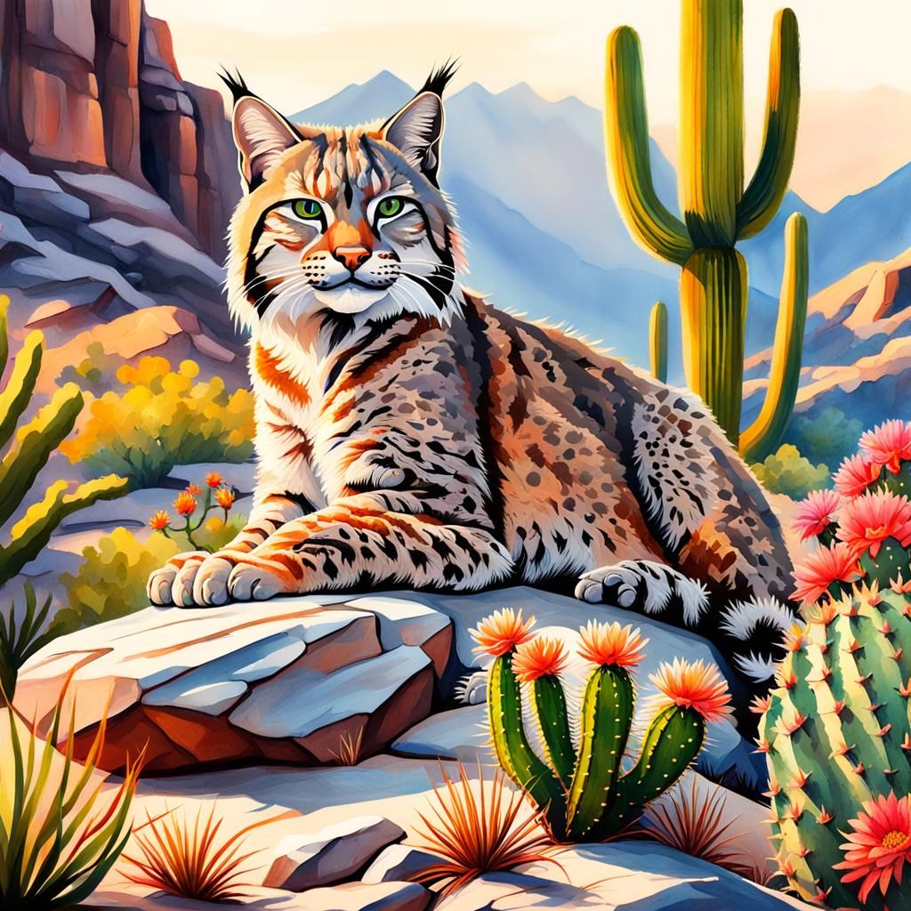 Bobcat and Gecko in Rugged Canyon, Watercolour Painting