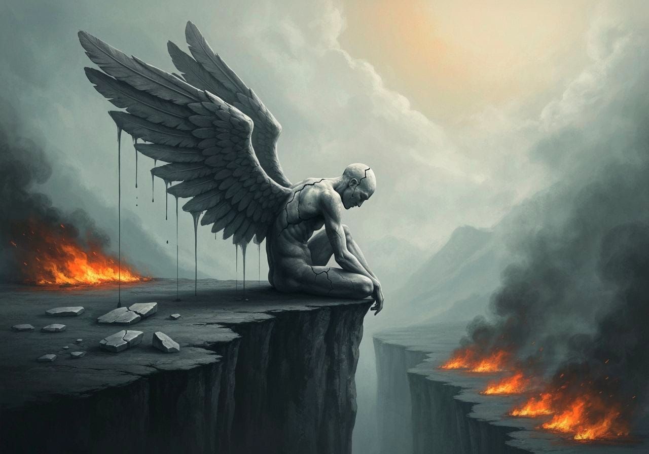 Cracked Stone Figure Over Ravine, Ink Painting