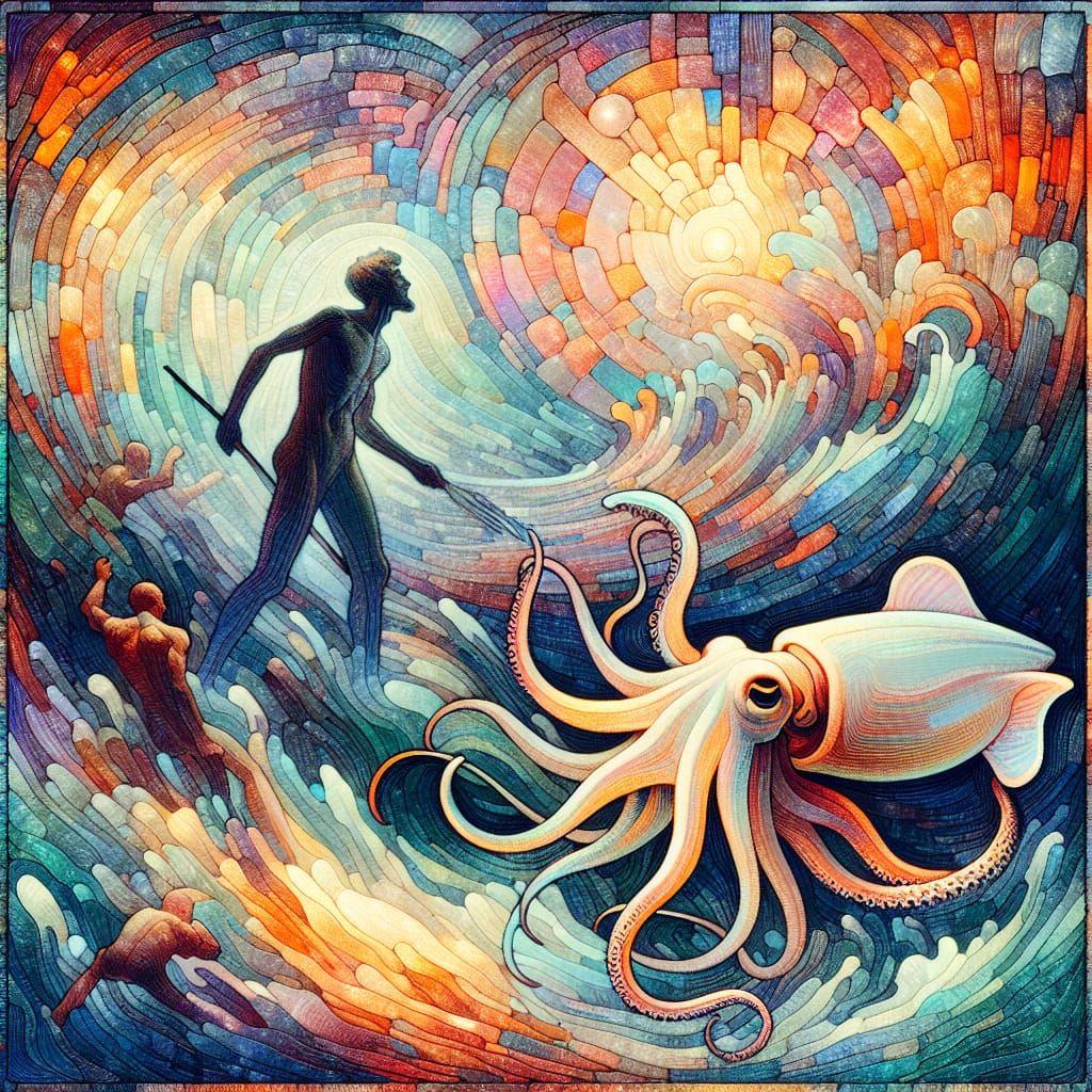 Man's Tense Struggle with Giant Squid in Abstract Style