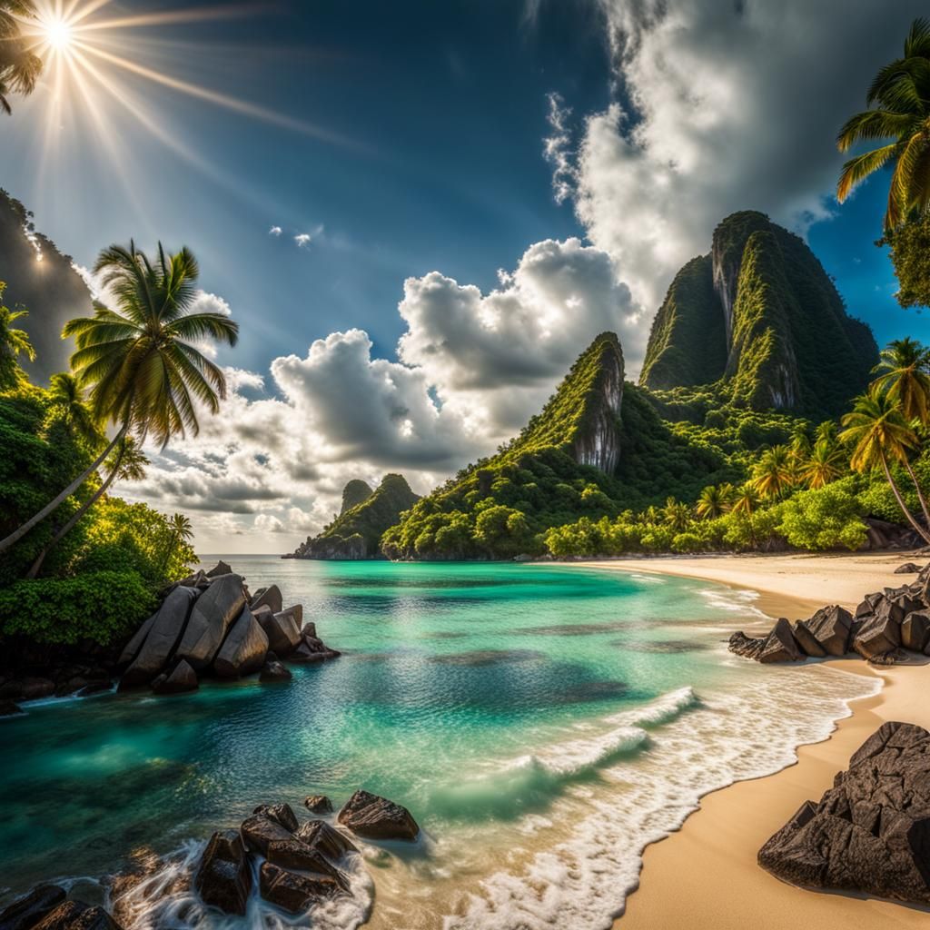 Lush Tropical Islands in Sunlight: Hyperrealistic Beach View
