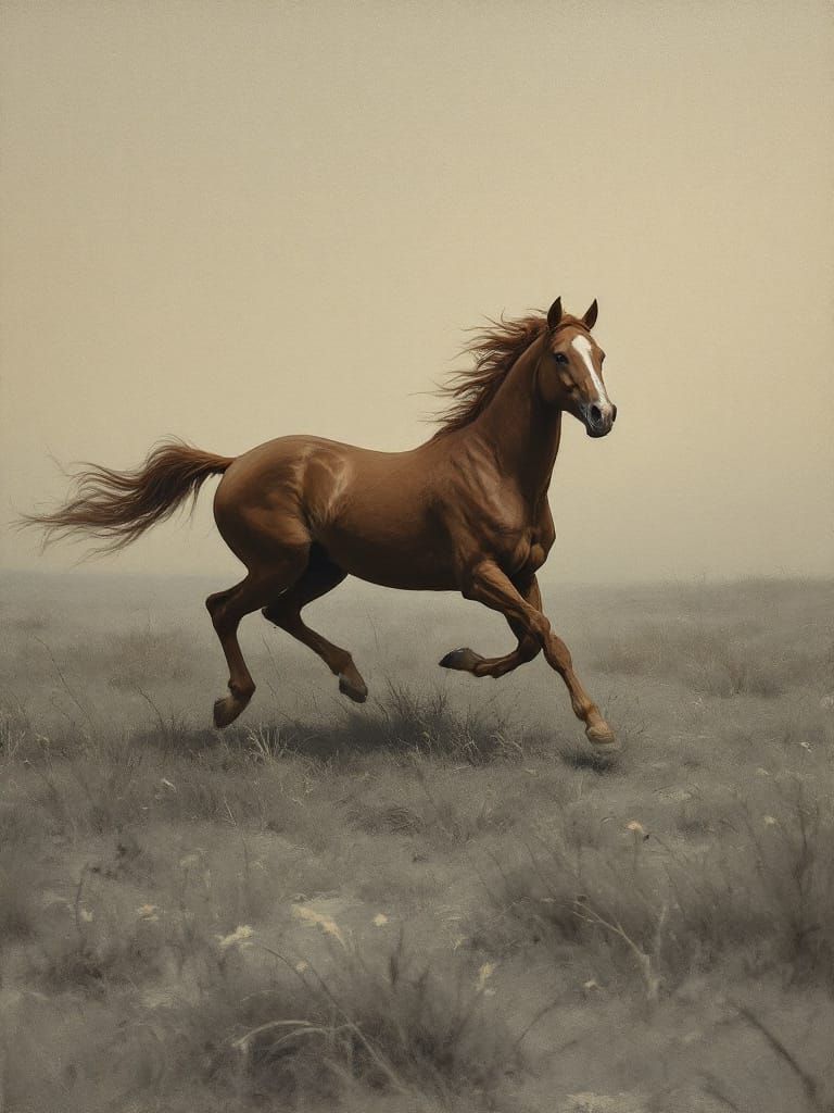 Horse Galloping Through Hazy Plains in American Regionalist ...