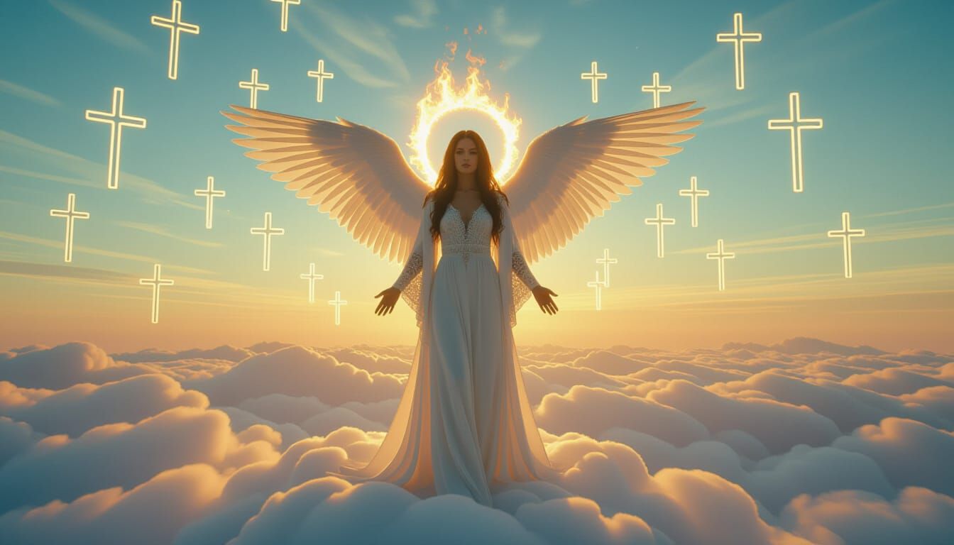 Androgynous Angel with Fiery Halo in Surreal Sky
