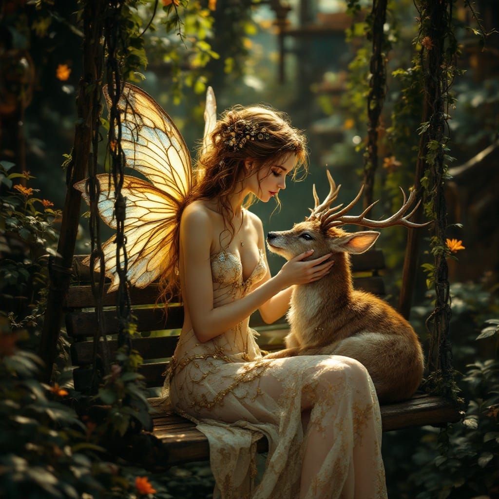 Steampunk Fairy with Deer in Golden Light
