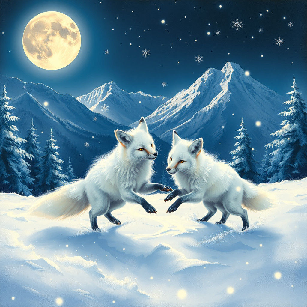 Foxes Frolicking in Snowy Moonlight, Romantic Oil Painting