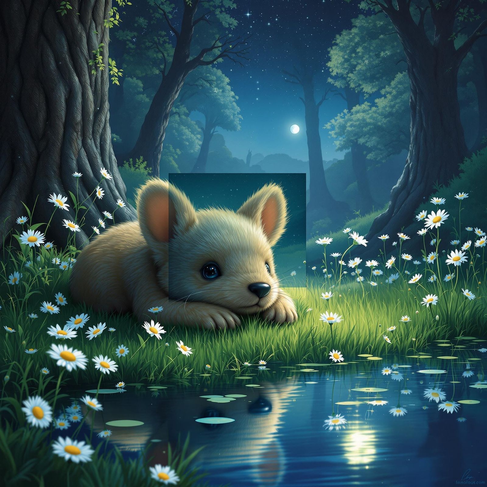 Create a hyper-realistic, highly detailed digital painting of a serene forest scene. The