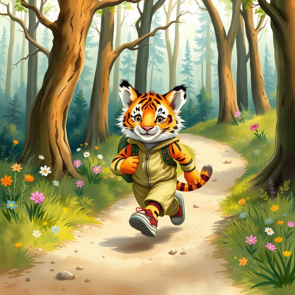 Whimsical Watercolor Tiger Cub in Forest
