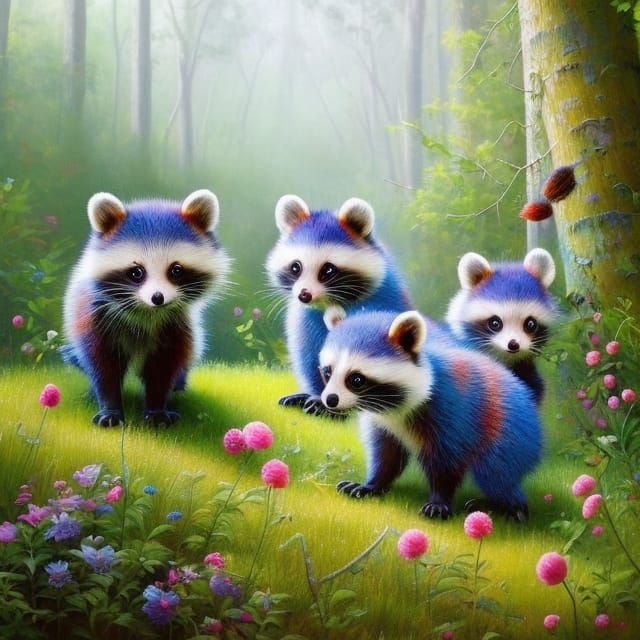 Raccoons Play in Lush Forest: Surrealist Painting