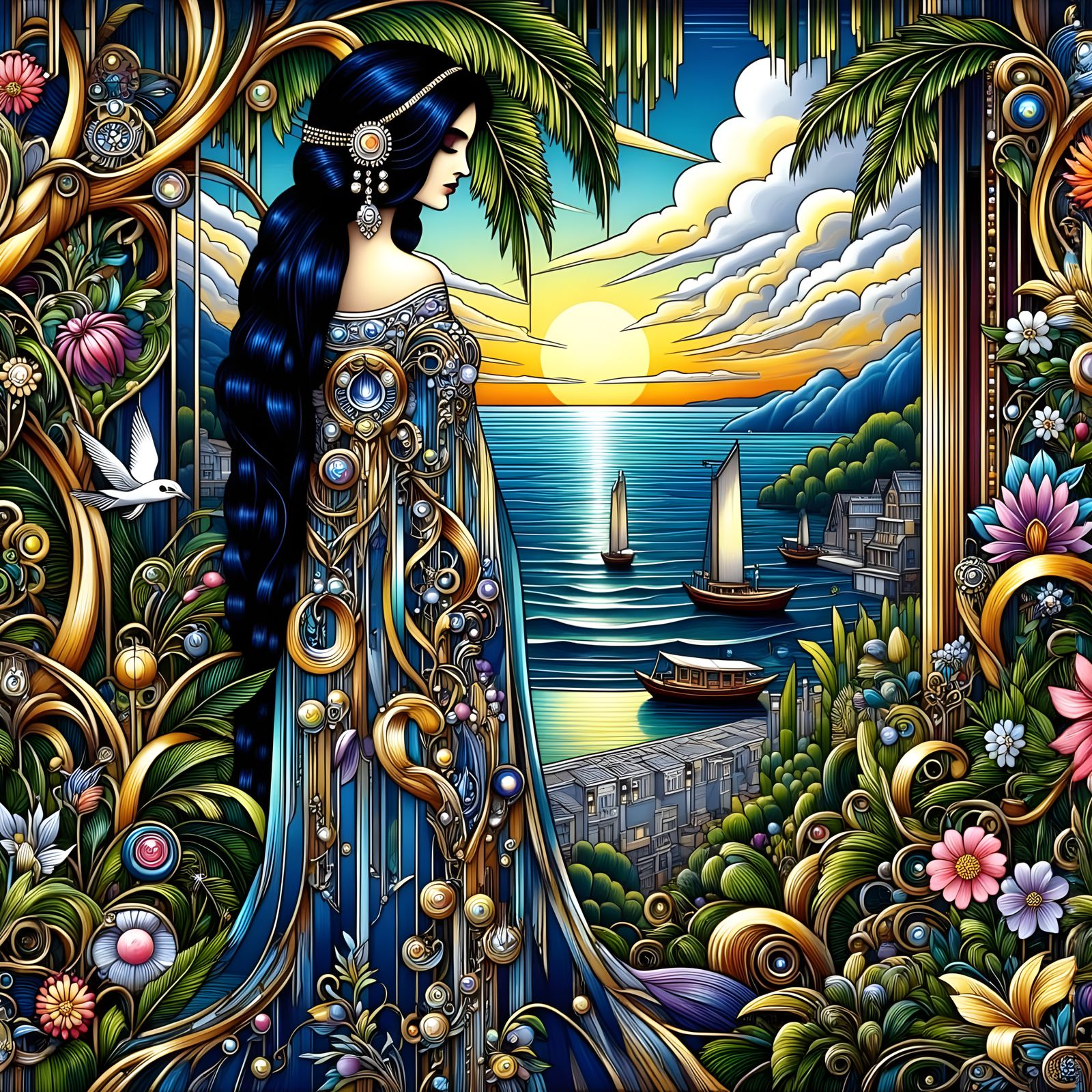 Elegant Art Deco Woman in a Vibrant Fishing Village Scene
