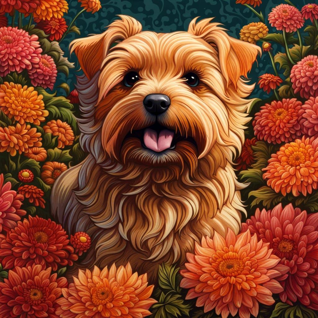 Norfolk Terrier in Chrysanthemum Garden: Japanese Style