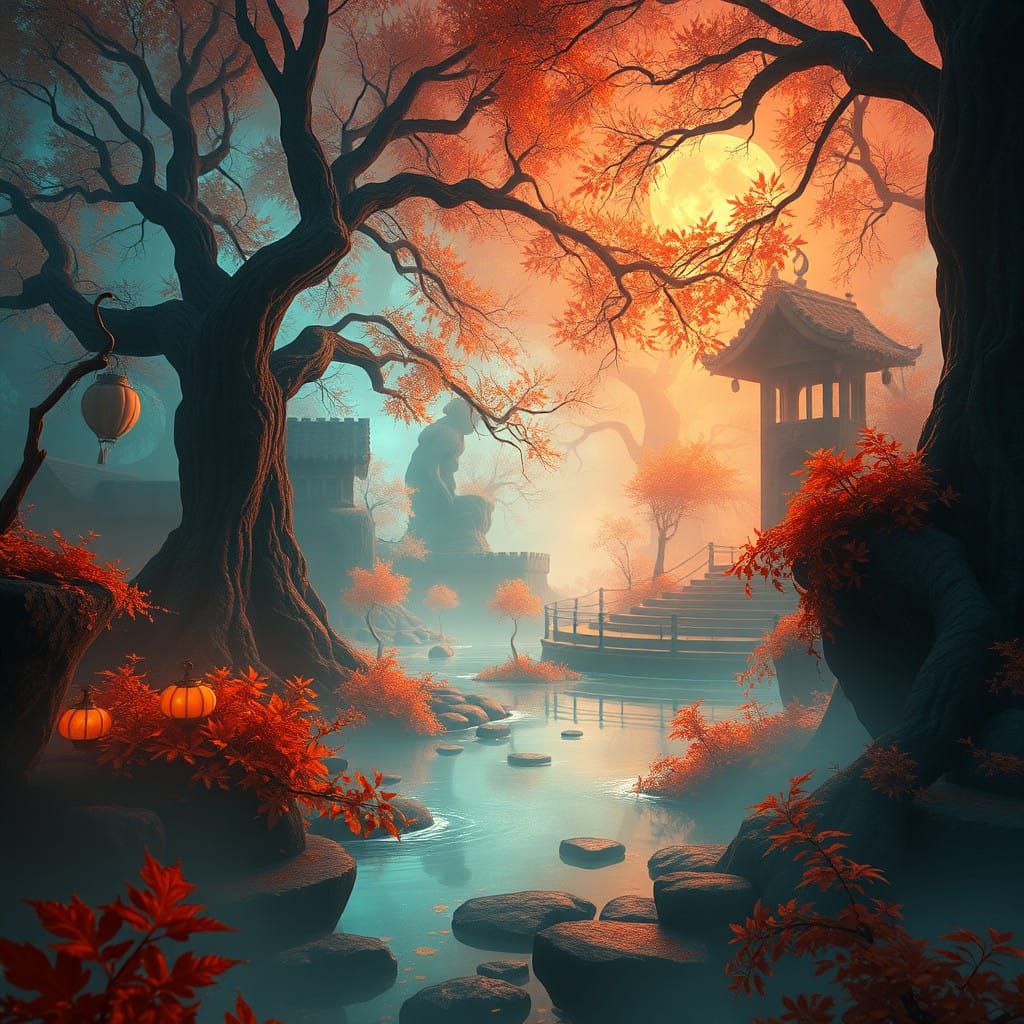 Ethereal Oktober Delusion Scene in Vibrant Art Nouveau Style