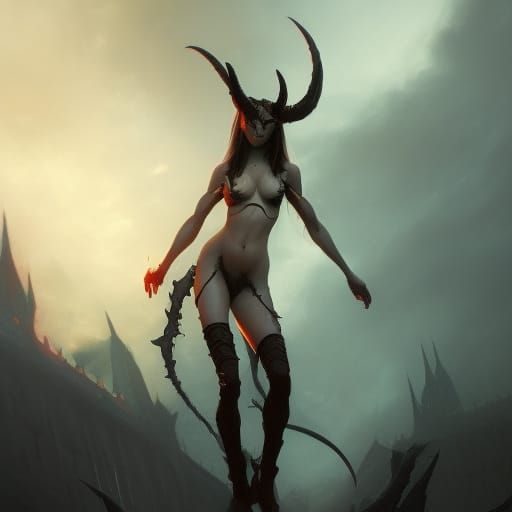 Detailed Demon Girl with Horns in Dark Fantasy Style