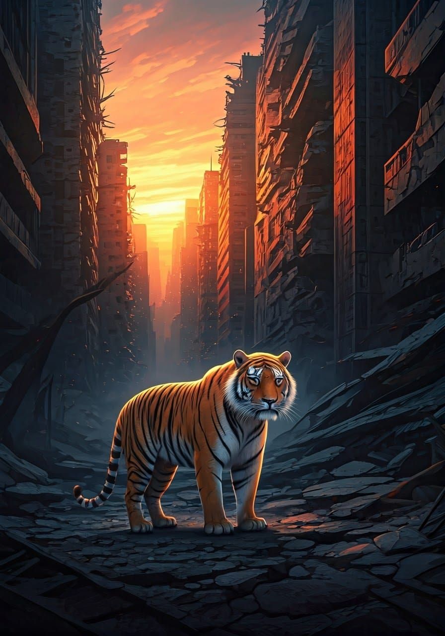 Dystopian Tiger in Ruined Neon Metropolis