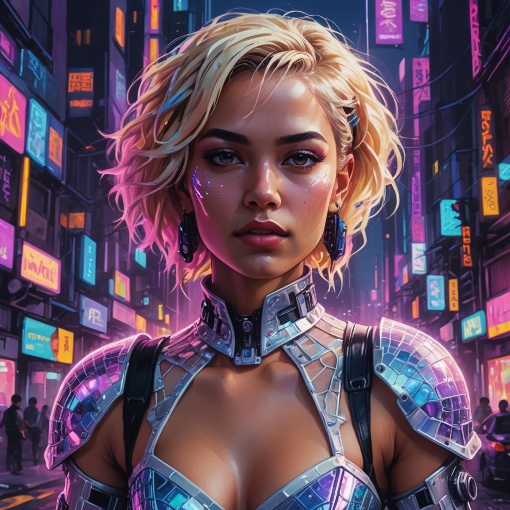 Cyberpunk Woman in Neon Cityscape: Fauvist Expressionism