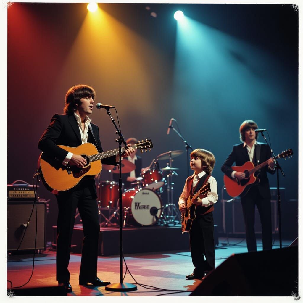 The Beatles Perform Live with Young Boy on Stage