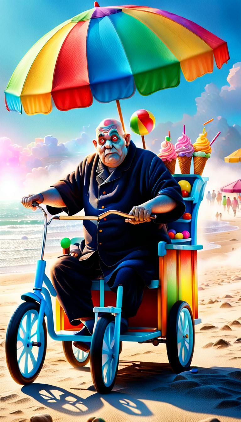 Uncle Fester from the Addams Family is selling Ice Cream at the beach