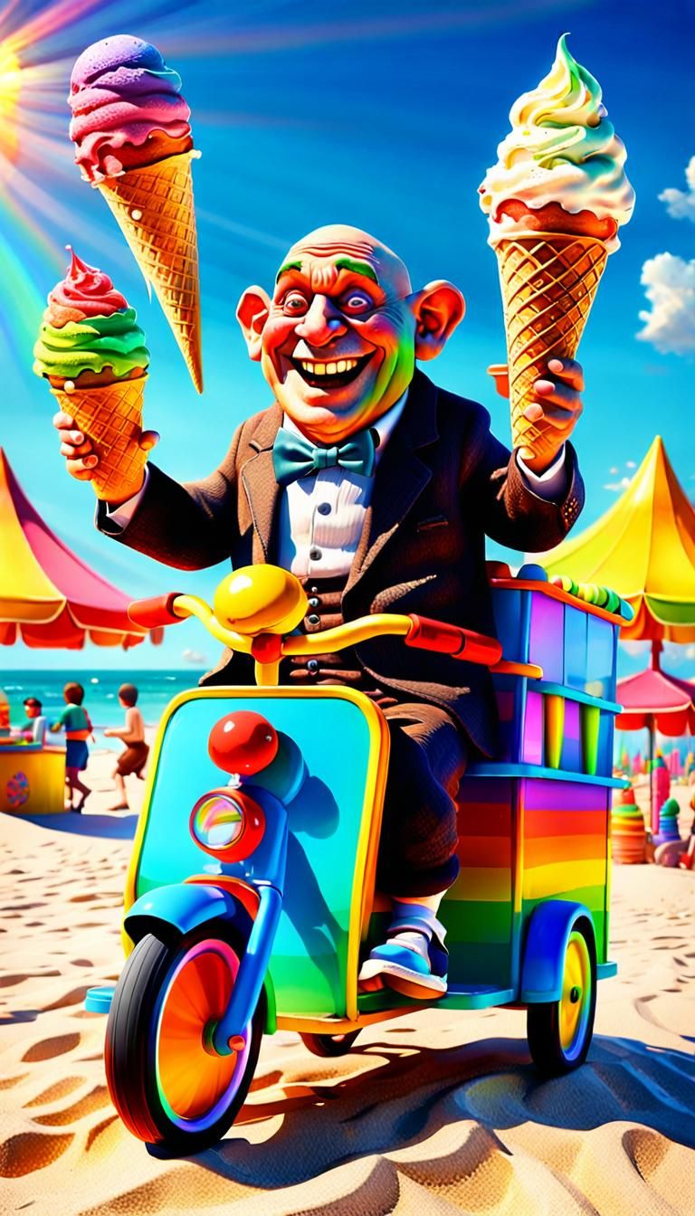 Uncle Fester from the Addams Family is selling Ice Cream at the beach