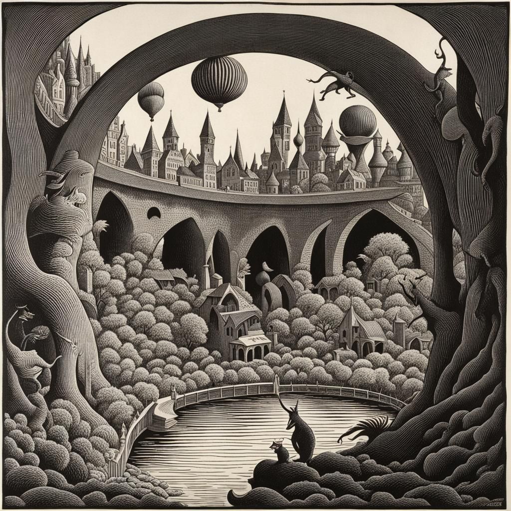 Surreal Geometric Landscape in Whimsical Style