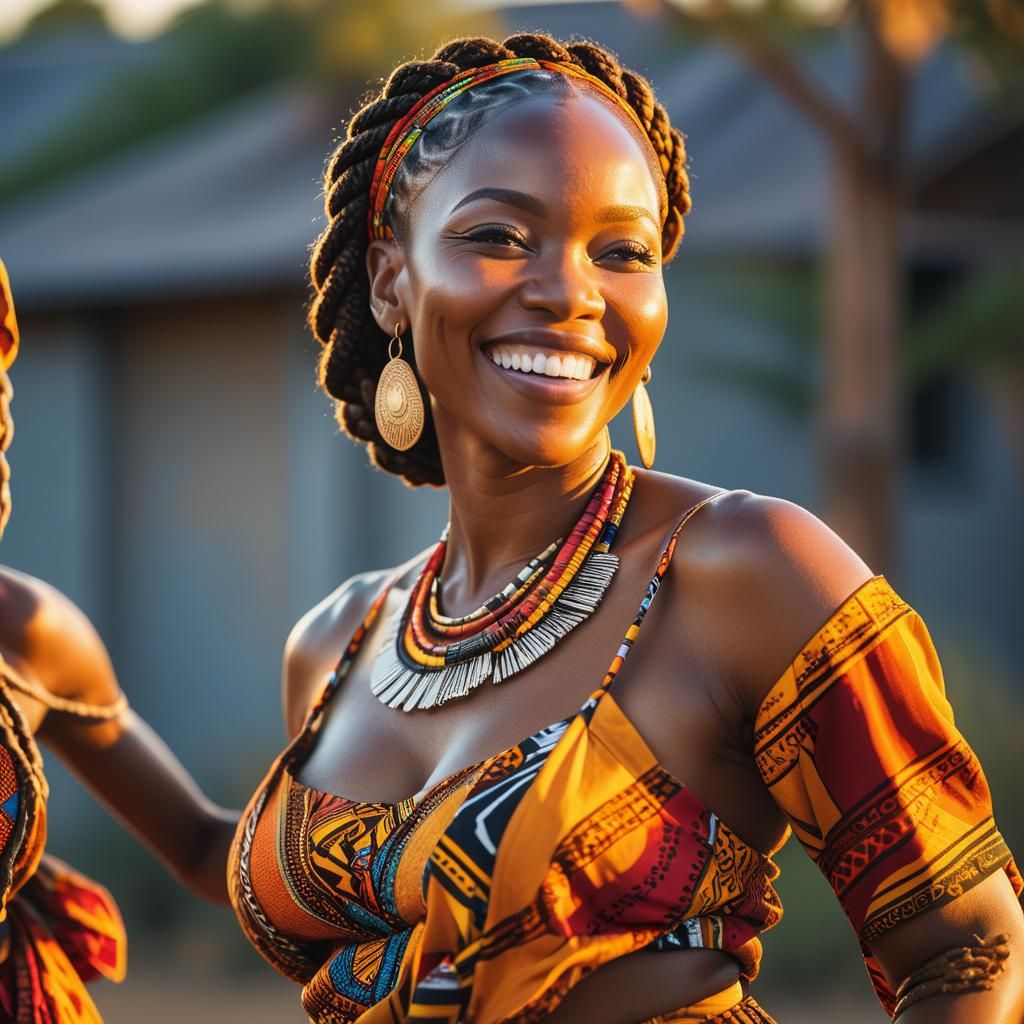 Radiant African Dance in Golden Savannah Light