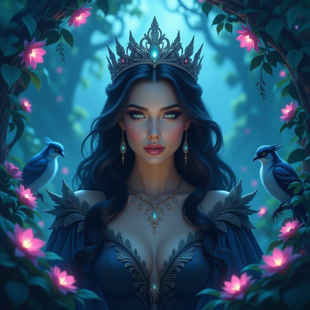 Mysterious Queen in Magical Kingdom with Glowing Flora