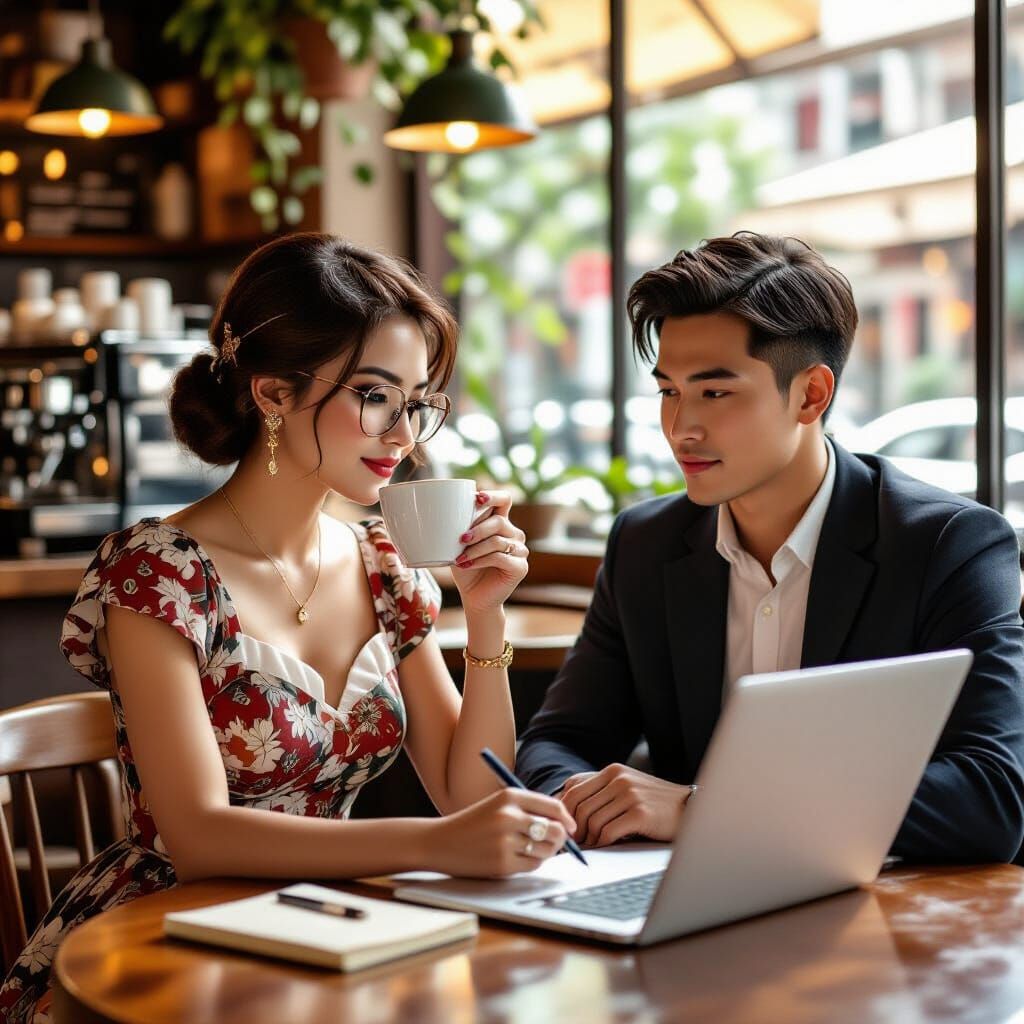Filipino Woman in Coffee Shop, Art Nouveau Style