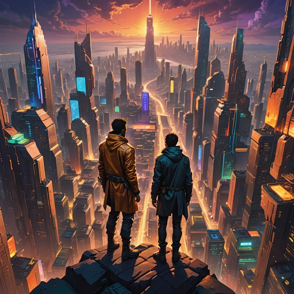 Futuristic Time Traveler Overlooking Neon Metropolis
